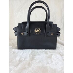 Michael Kors Carmen Black Leather Medium Flap Satchel‎ Handbag MK Logo